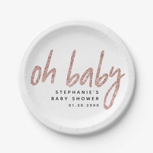 Oh Baby Elegant Rose Gold Pink Glitter Baby Shower Paper Plates