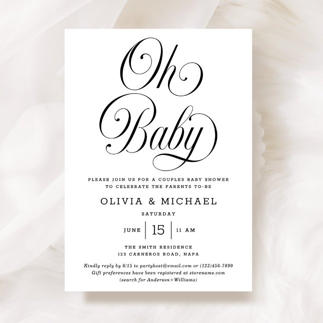 Oh Baby Elegant Script B&W Neutral Baby Shower Invitation (Creator Uploaded)