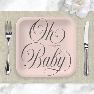 Oh Baby Elegant Script Blush Pink Girl Baby Shower Paper Plates