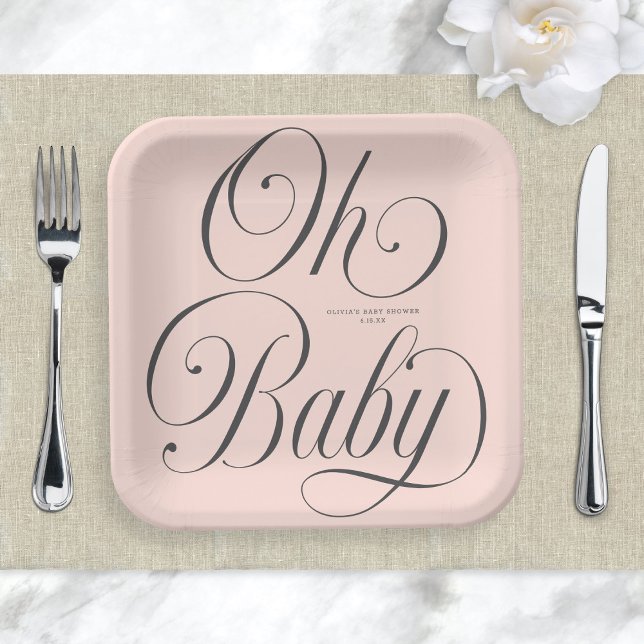 Oh Baby Elegant Script Blush Pink Girl Baby Shower Paper Plates (Creator Uploaded)