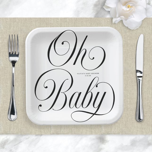 Oh Baby Elegant Script Gender Neutral Baby Shower Paper Plates (Creator Uploaded)