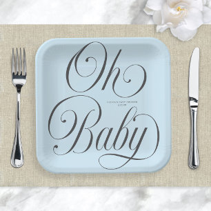 Oh Baby Elegant Script Lt. Blue Boy Baby Shower Paper Plates