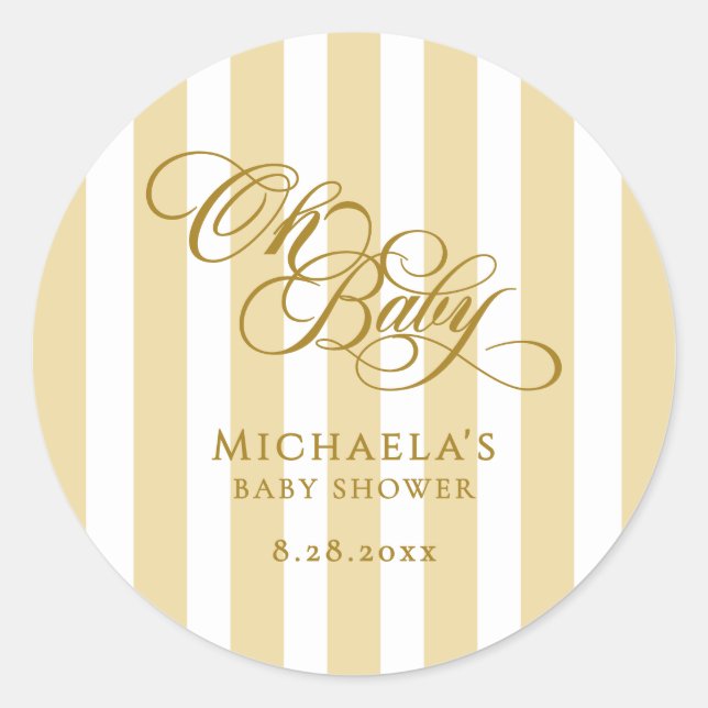 Oh Baby Elegant Script & Stripes Baby Shower Classic Round Sticker (Front)