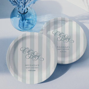 Oh Baby Elegant Script & Stripes Baby Shower Paper Plates