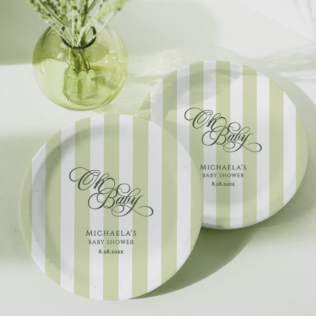 Oh Baby Elegant Script & Stripes Baby Shower Paper Plates (Creator Uploaded)