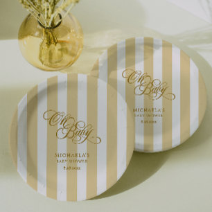 Oh Baby Elegant Script & Stripes Baby Shower Paper Plates