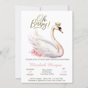 Oh Baby Elegant Swan Crown Flowers Baby Shower Invitation