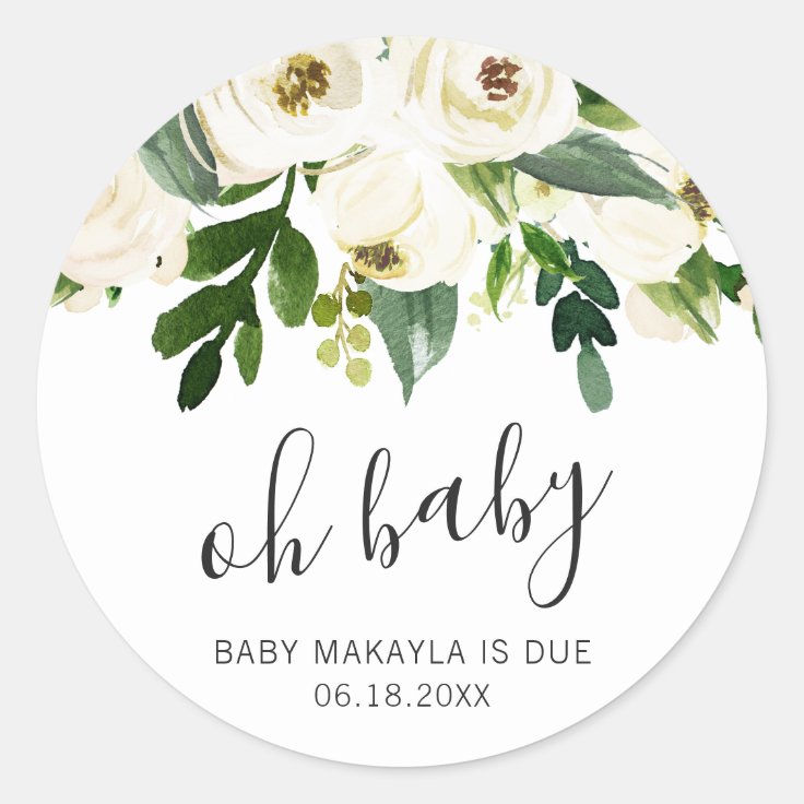 Oh Baby Elegant White Floral Girl Baby Shower Classic Round Sticker ...