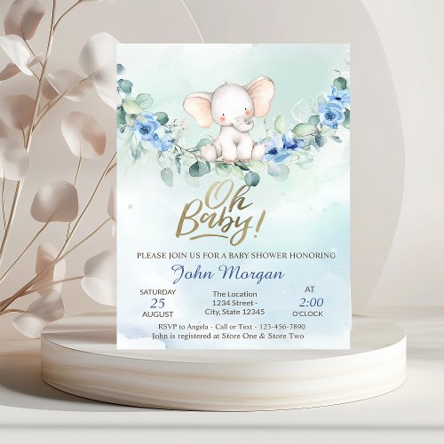 Oh Baby Elephant Blue Baby Shower  Invitation