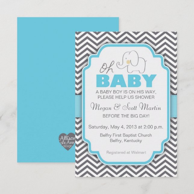 Oh Baby Elephant - Blue & Gray Baby Shower Invite (Front/Back)