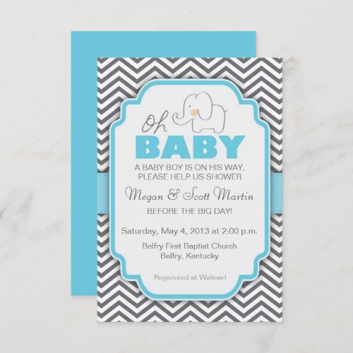 Oh Baby Elephant _ Blue  Gray Baby Shower Invite