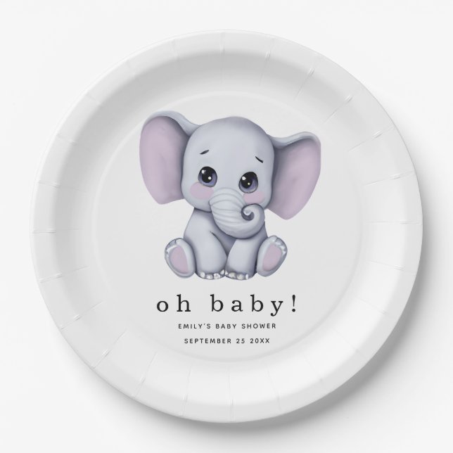 Oh Baby Elephant Gender Neutral Baby Shower Paper Plates (Front)