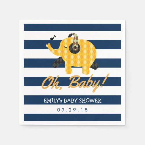 Oh Baby Elephant Navy Blue Stripes Baby Shower Paper Napkins