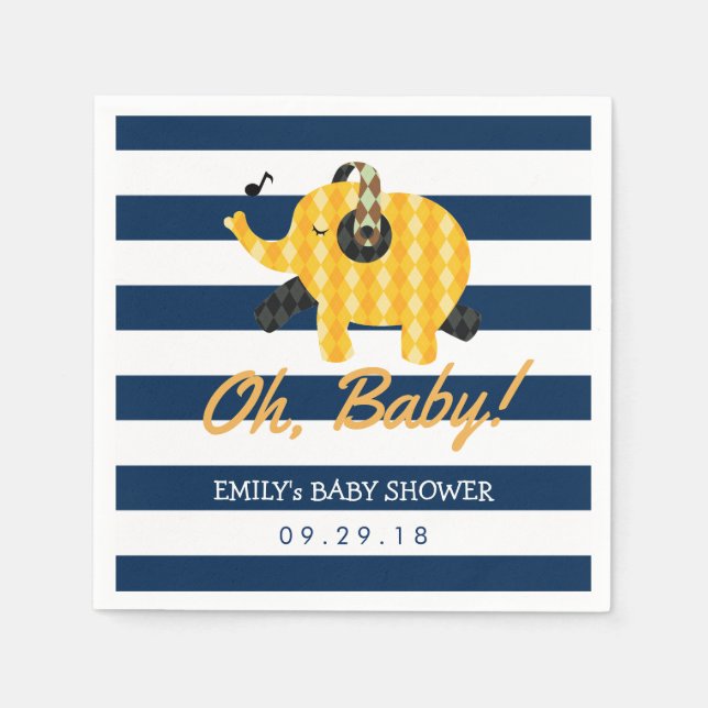 Oh Baby Elephant Navy Blue Stripes Baby Shower Paper Napkins (Front)