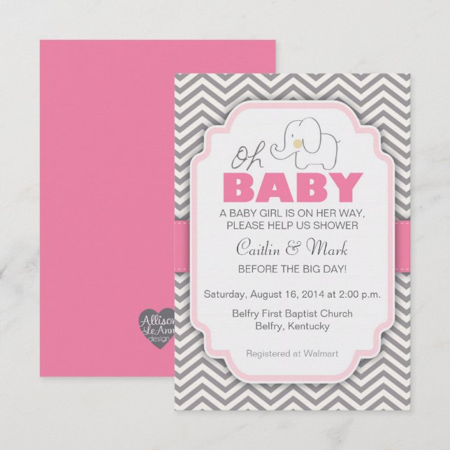 Oh Baby Elephant - Pink & Gray Baby Shower Invite (Front/Back)