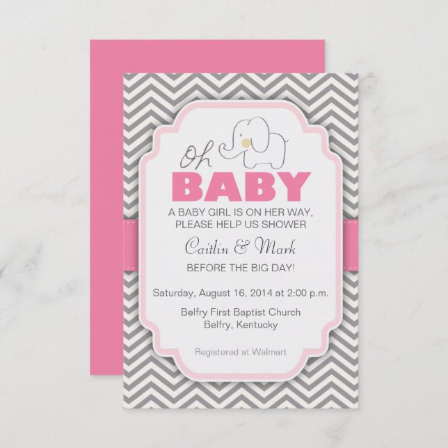 Oh Baby Elephant - Pink & Gray Baby Shower Invite (Front/Back)