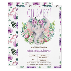 Oh Baby Elephant with Purple Flowers Modern Shower Invitation
