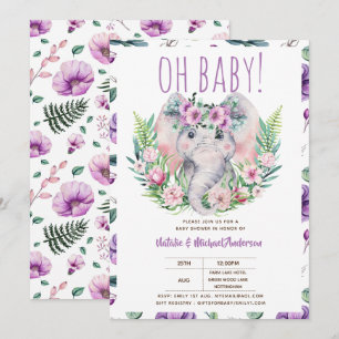 Oh Baby Elephant with Purple Flowers Modern Shower Invitation