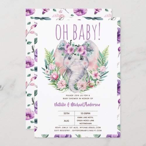Oh Baby Elephant with Purple Flowers Modern Shower Invitation