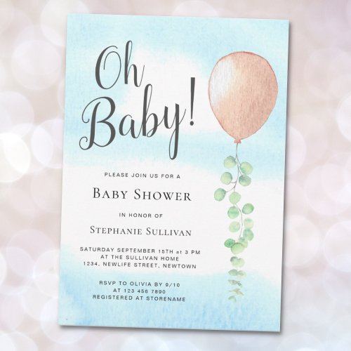 Oh Baby Eucalyptus Balloon Neutral Baby Shower Invitation