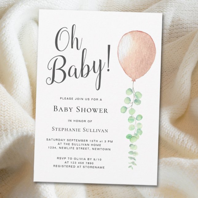 Oh Baby Eucalyptus Balloon Neutral Baby Shower Invitation (Creator Uploaded)
