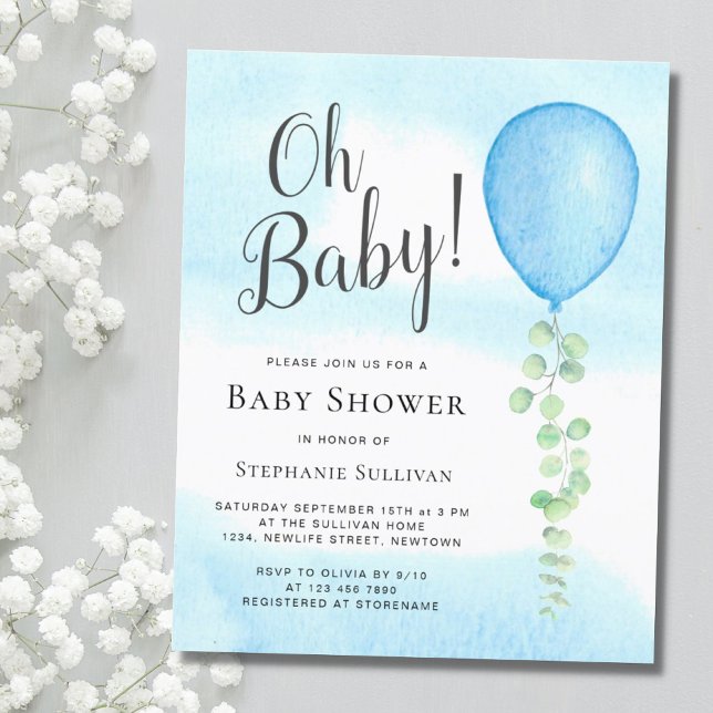 Oh Baby Eucalyptus Blue Balloon Baby Shower  Invitation (Creator Uploaded)