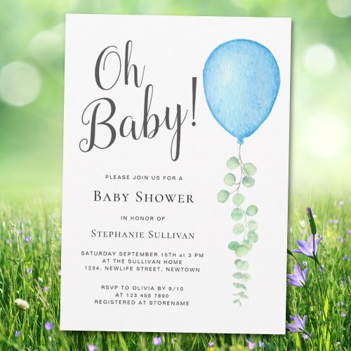 Oh Baby Eucalyptus Blue Balloon Baby Shower  Invitation