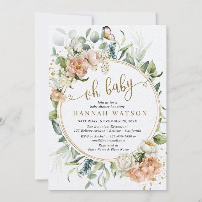 Oh Baby Eucalyptus Blush Pink Rose Baby Shower Invitation (Front)
