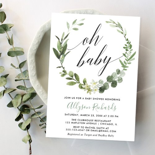 Oh baby Eucalyptus gender neutral baby shower Invitation