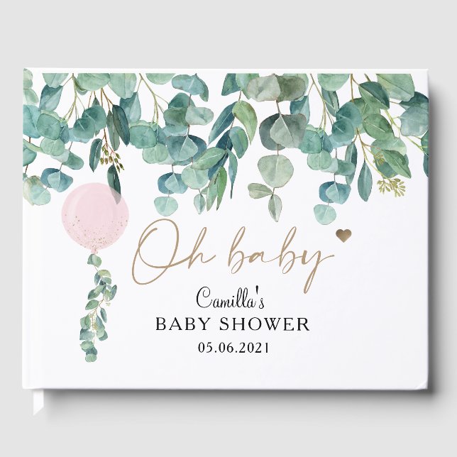 Oh Baby Eucalyptus Pink Balloon Baby Shower Guest Book (Front)