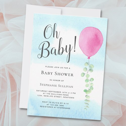 Oh Baby Eucalyptus Pink Balloon Baby Shower Invitation