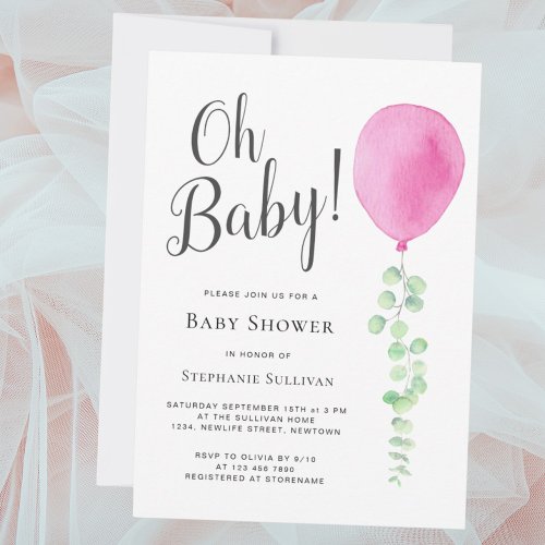 Oh Baby Eucalyptus Pink Balloon Baby Shower Invitation