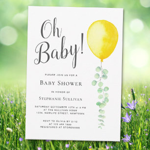 Oh Baby Eucalyptus Yellow Balloon Baby Shower Invitation