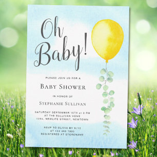 Oh Baby Eucalyptus Yellow Balloon Baby Shower Invitation