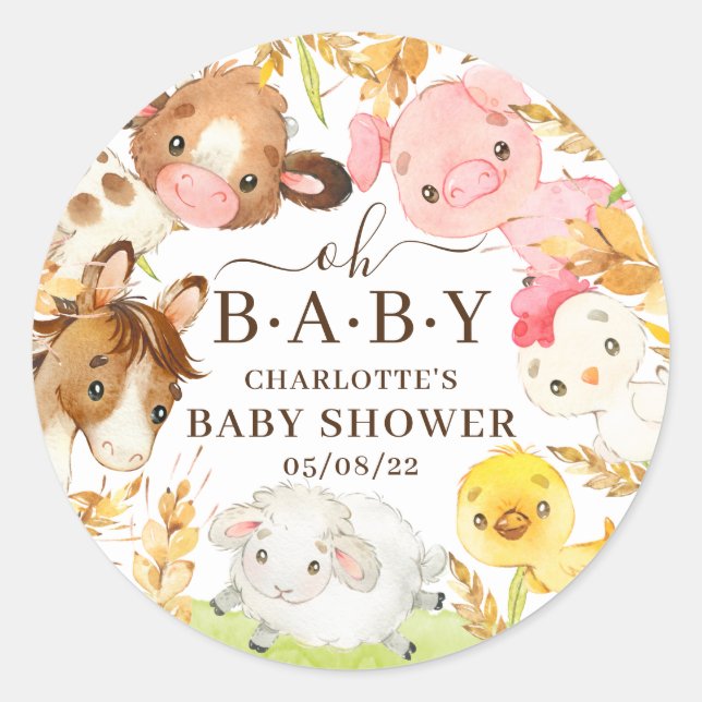  Oh Baby Farm Animals Baby Shower Favor  Classic Round Sticker (Front)