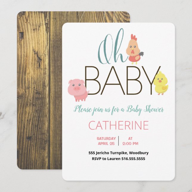 Oh Baby Farm Animals Rustic Baby Shower Invitation (Front/Back)