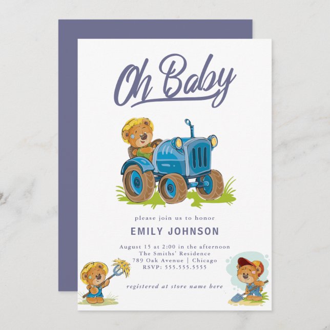 Oh Baby Farm Tractor Baby Shower Invitation (Front/Back)