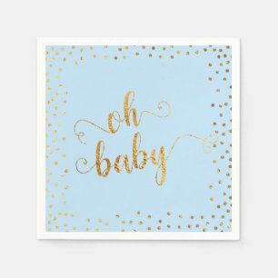 "Oh Baby" Faux Gold Foil Confetti Baby Blue Shower Napkins