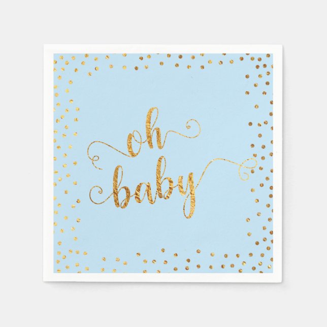 "Oh Baby" Faux Gold Foil Confetti Baby Blue Shower Napkins (Front)