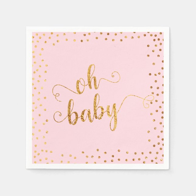 "Oh Baby" Faux Gold Foil Confetti Pink Baby Shower Napkins (Front)