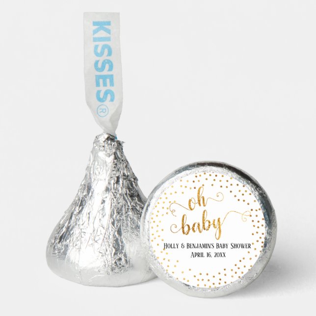 "Oh Baby" Faux Gold Foil Confetti w/ Names & Date Hershey®'s Kisses® (Front)