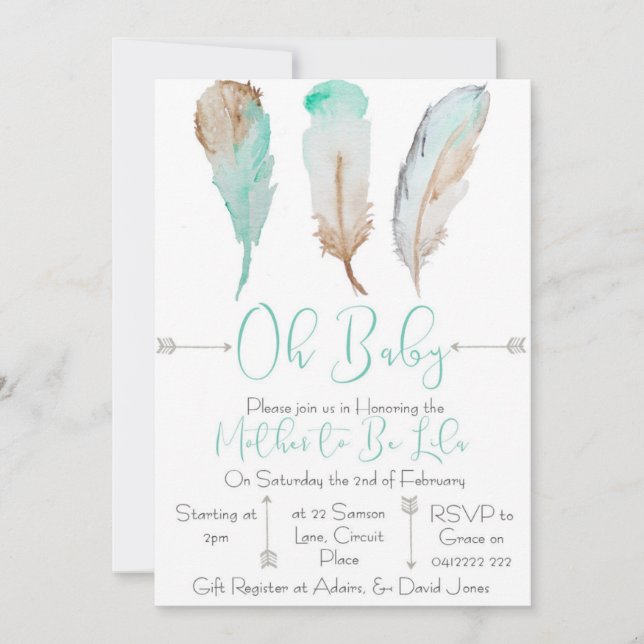 Oh Baby Feather Baby Shower Invitation (Front)