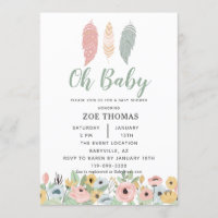 Oh Baby Feathers Flowers Boho Baby Shower Invitation