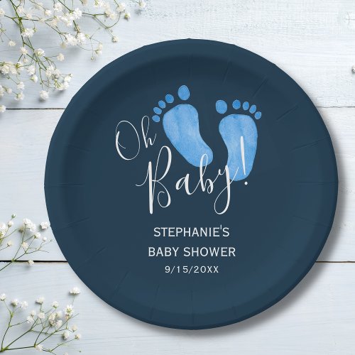 Oh Baby Feet Navy Blue Baby Shower Paper Plates