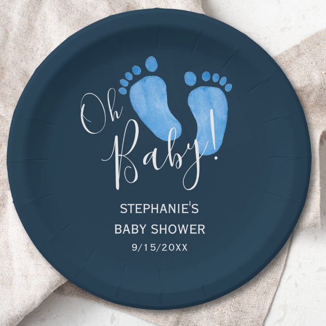 Oh Baby Feet Navy Blue Baby Shower Paper Plates (Creator Uploaded)
