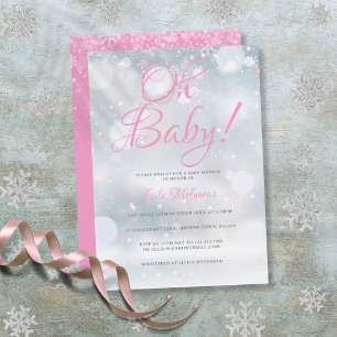 Oh Baby First Snowflakes Pink Baby Shower Invitation