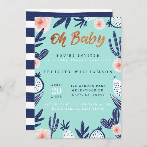 Oh Baby Floral Cactus Baby Boy Shower Invitation