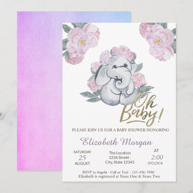 Oh Baby Floral Elephant Baby Shower   Invitation (Front/Back)