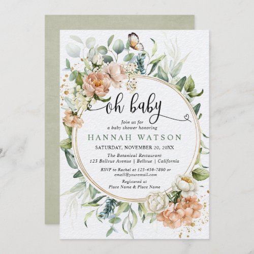 Oh baby floral foliage pink gold girl baby shower  invitation