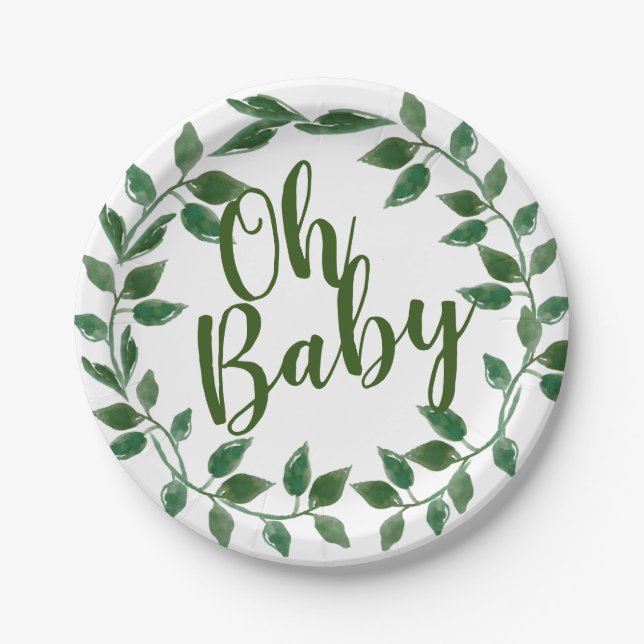 Oh baby floral greenery baby shower paper plate (Front)